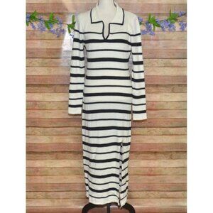 Knit Striped Polo Dress Casual Long Sleeve V Neck Slit Midi Bodycon Size XL